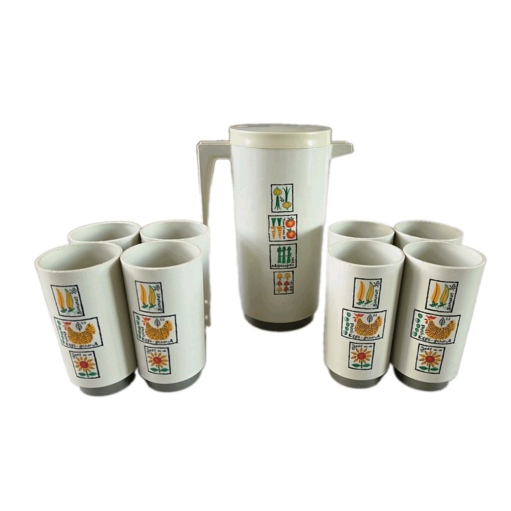 Vtg 1960s Loma Farmers Market Plastic‎ Pitcher 8 Cups Set MCM Retro Kitchenware